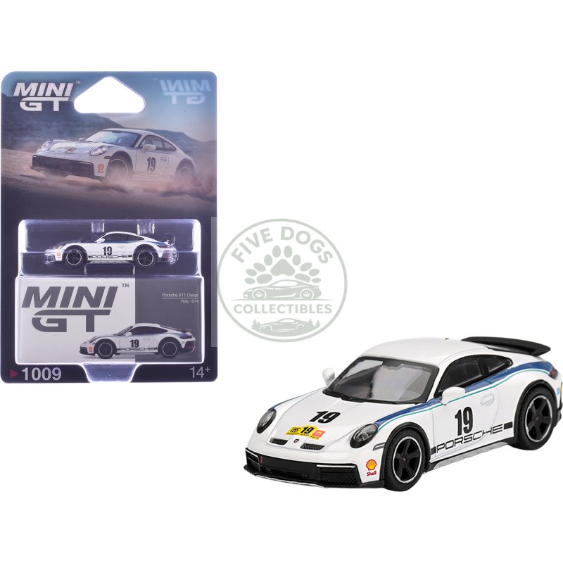 porsche 911 dakar #19 "rally 1974" tribute livery white with blue stripes limited edition 1/64 diecast model car by mini gt