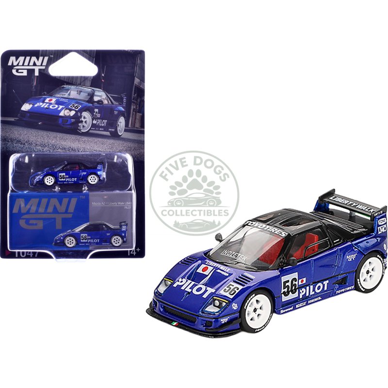 mazda az 1 liberty walk lb40 rhd (right hand drive) #56 "pilot" blue metallic with black top limited edition 1/64 diecast model car by mini gt