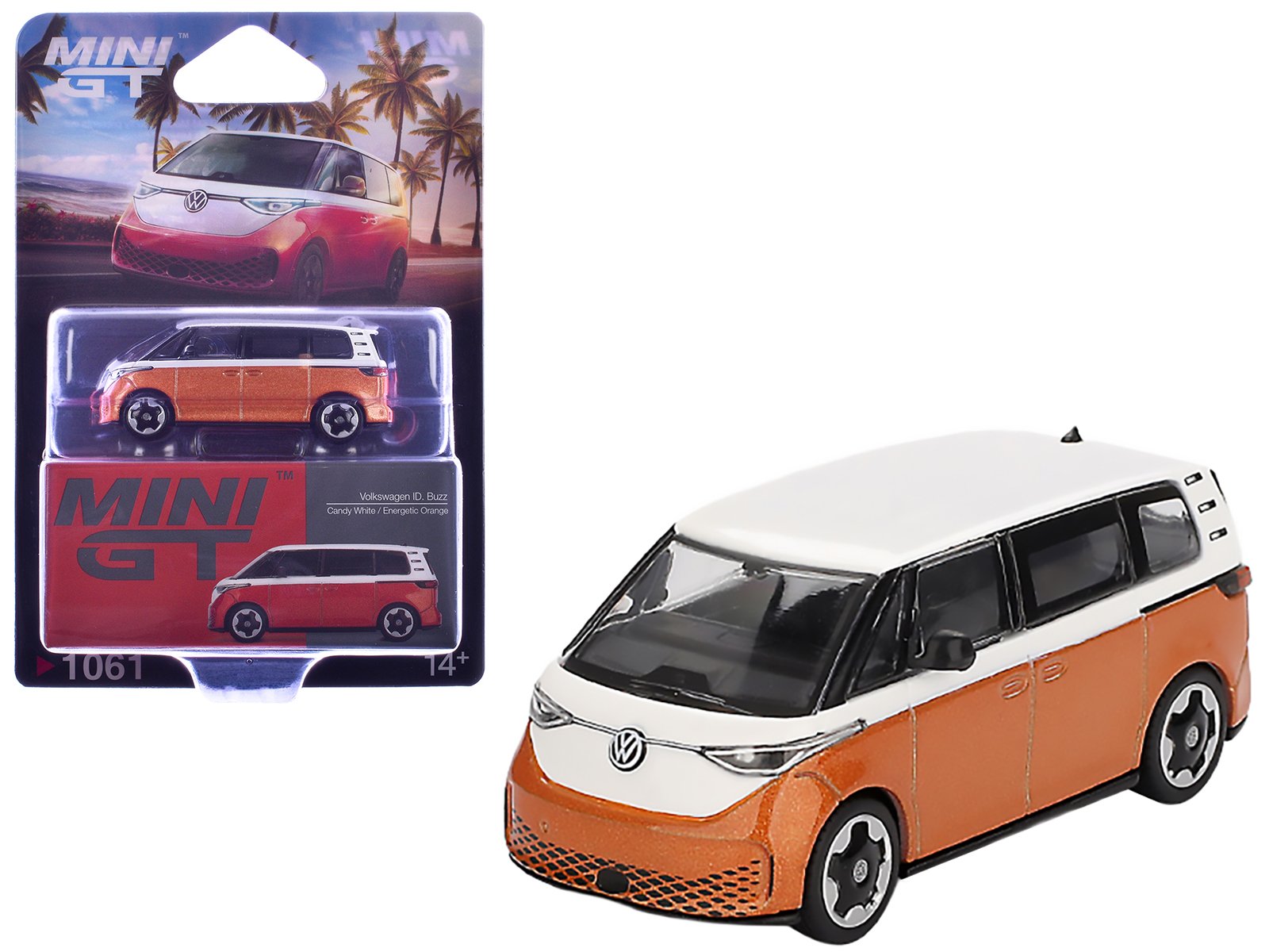 volkswagen id.buzz van candy white and energetic orange metallic limited edition 1/64 diecast model car by mini gt volkswagen id.buzz van candy white and energetic orange metallic limited edition 1/64 diecast model car by mini gt