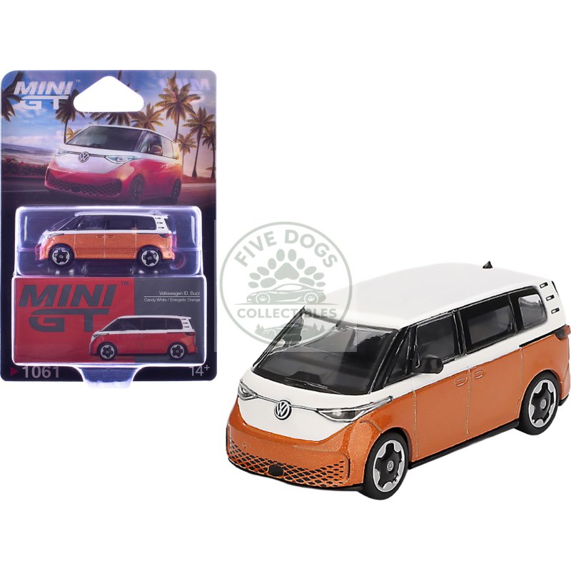volkswagen id.buzz van candy white and energetic orange metallic limited edition 1/64 diecast model car by mini gt