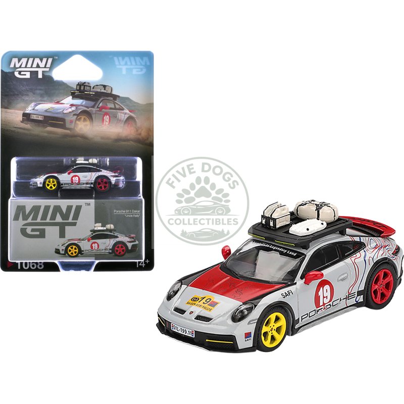 porsche 911 dakar #19 "uncle rally" gray with graphics and roof rack limited edition 1/64 diecast model car by mini gt