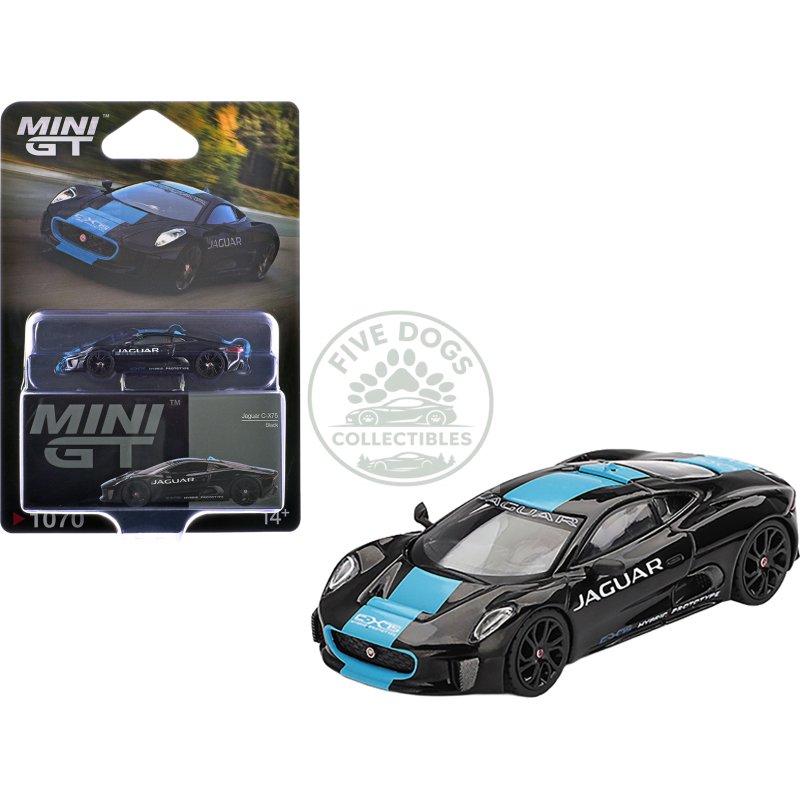 jaguar c x75 black with light blue stripe limited edition 1/64 diecast model car by mini gt