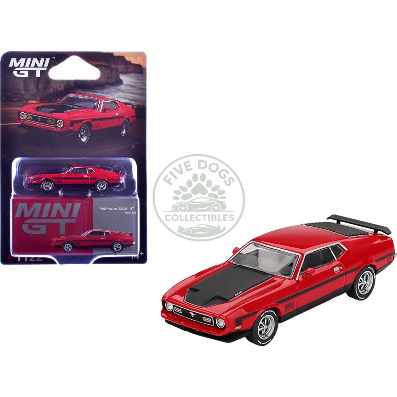 1971 ford mustang mach 1 race red with black hood and stripes limited edition 1/64 diecast model car by mini gt