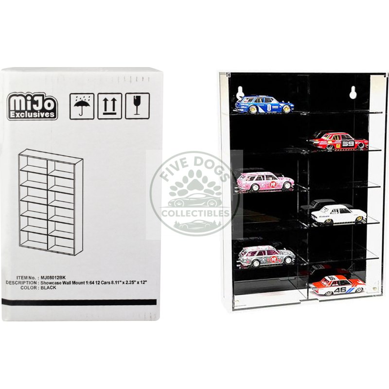 showcase 12 car display case wall mount with black back panel "mijo exclusives" for 1/64 scale models