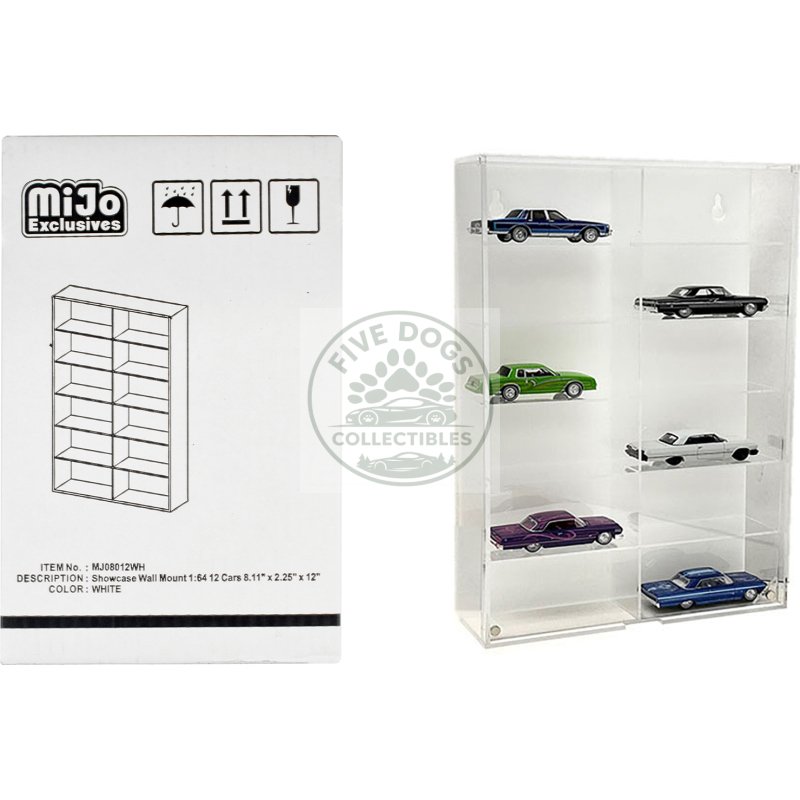 showcase 12 car display case wall mount with white back panel "mijo exclusives" for 1/64 scale models