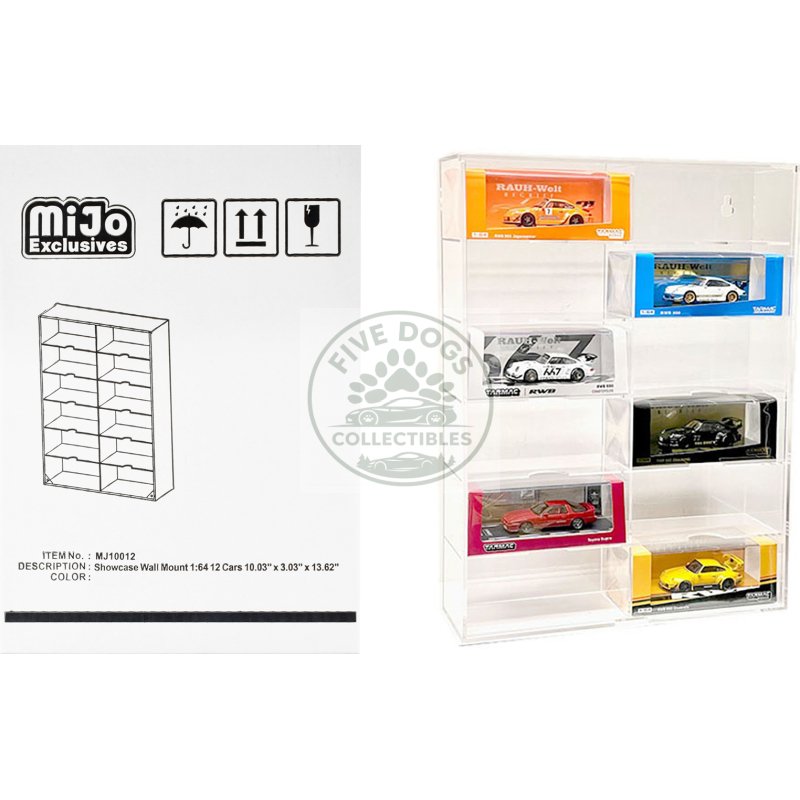 showcase 12 car display case wall mount with clear back panel and extra space "mijo exclusives" for 1/64 scale models