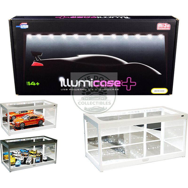white collectible display show case illumicase+ with led lights and mirror base and back for 1/64 1/43 1/32 1/24 1/18 scale models by illumibox