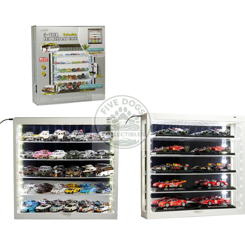 showcase wall mount 5 tier display case white with mirror back panel "mijo exclusives" for 1/64 1/43 scale models