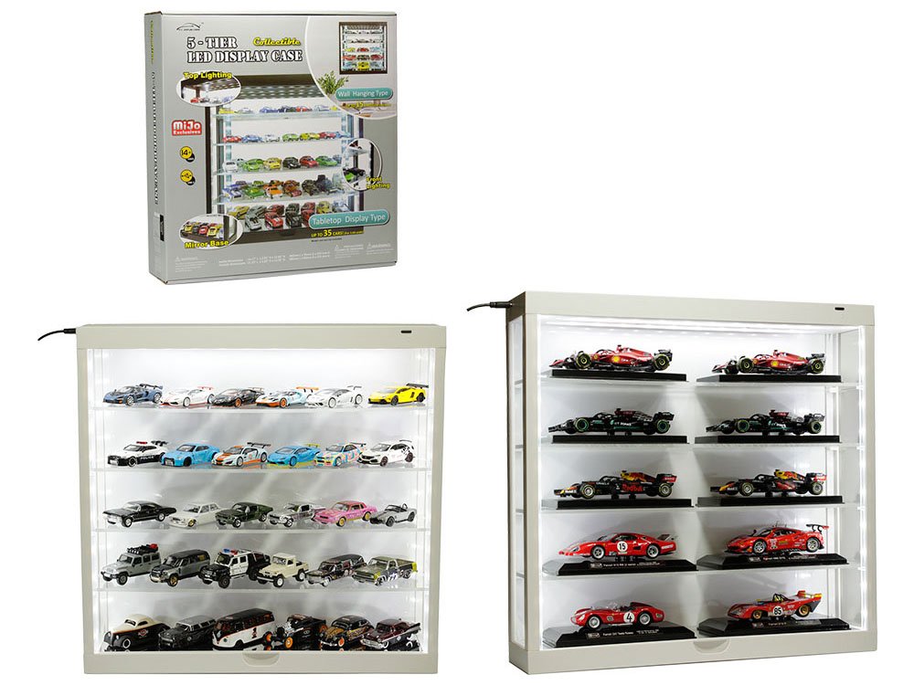 showcase wall mount 5 tier display case white with white back panel "mijo exclusives" for 1/64 1/43 scale models showcase wall mount 5 tier display case white with white back panel "mijo exclusives" for 1/64 1/43 scale models