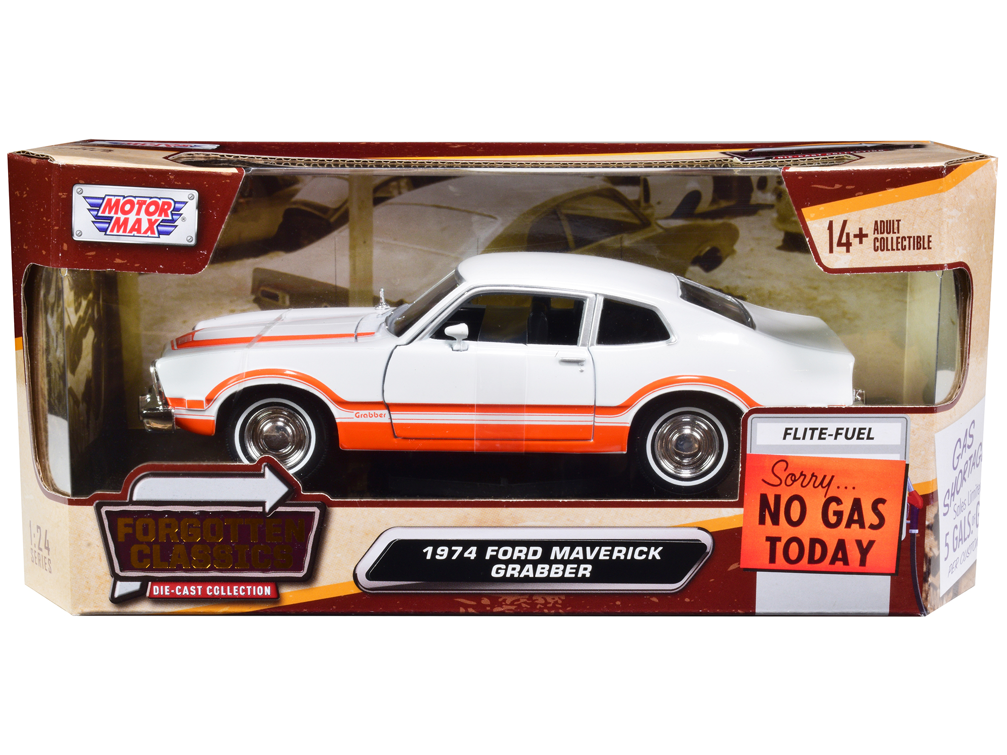 1974 ford maverick grabber white with orange stripes "forgotten classics" series 1/24 diecast model car by motormax 1974 ford maverick grabber white with orange stripes "forgotten classics" series 1/24 diecast model car by motormax