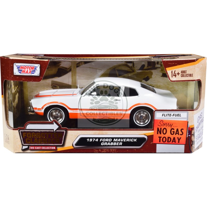 1974 ford maverick grabber white with orange stripes "forgotten classics" series 1/24 diecast model car by motormax