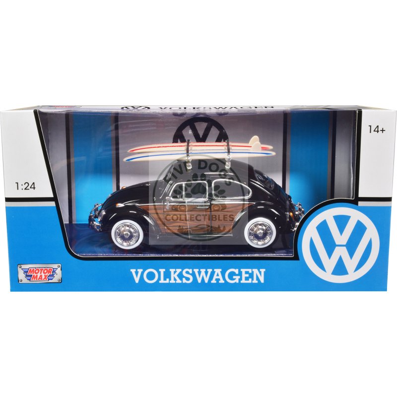 1966 volkswagen beetle black with wood panels and two surfboards on roof rack 1/24 diecast model car by motormax