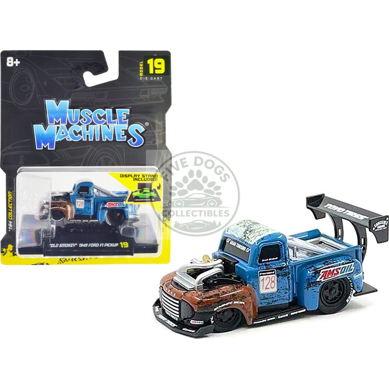 1949 ford f1 pickup truck #128 "old smokey" blue and brown (weathered) 1/64 diecast model car by muscle machines