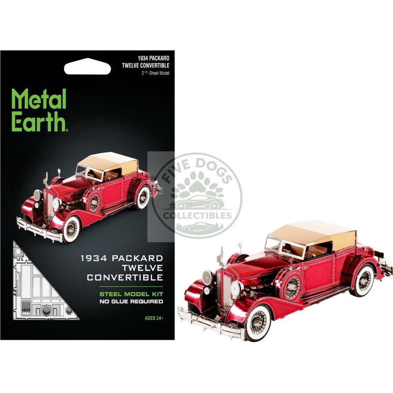 model kit 1934 packard twelve convertible red with tan soft top (moderate difficulty) steel model by metal earth