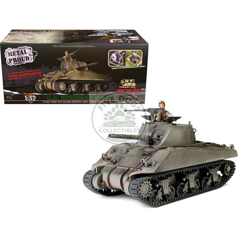 sherman m4 (75) medium tank u.s. "753th tank battalion gustav line italy" (1944) "engine plus" series 1/32 diecast model by metal proud