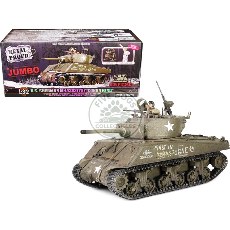 sherman m4a3e2 (75) “cobra king” medium tank “first in bastogne” george smith patton’s 4th a.div. 3rd army bastogne area (26 december 1944) "engine plus" series 1/32 diecast model by metal proud