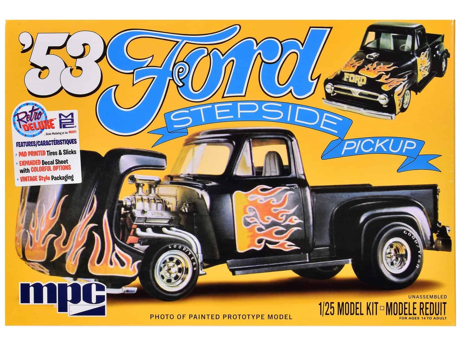 Vintage 1953 Ford Stepside Pickup Model Kit Detailed 1953 Ford Stepside pickup toy with flame decals and classic design.
