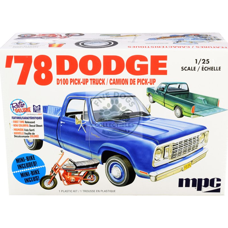 skill 2 model kit 35.15dodge d100 pickup truck with mini bike 1/25 scale model by mpc