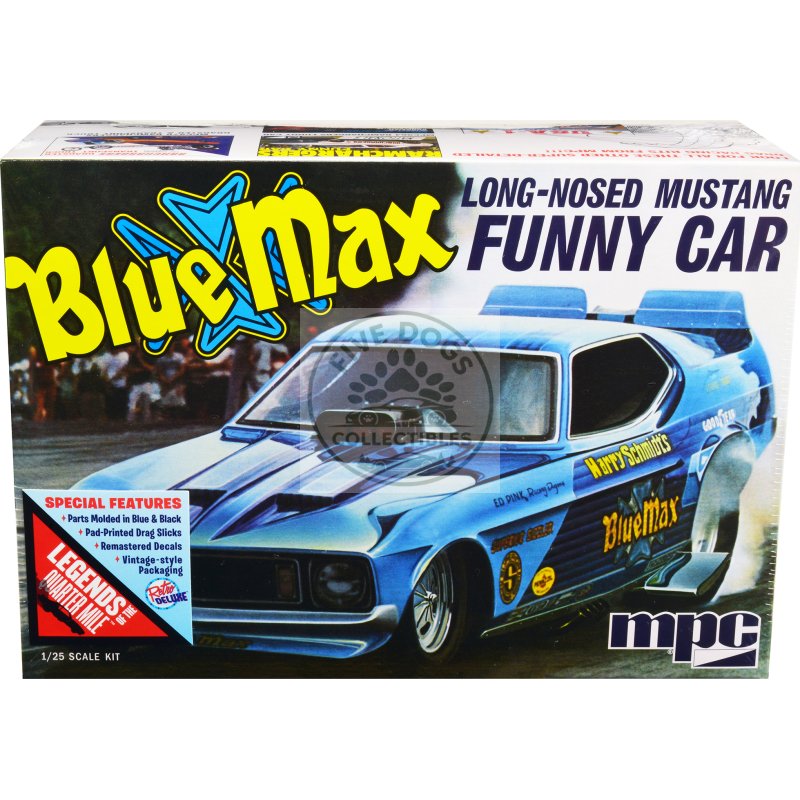 skill 2 model kit "blue max" long nose mustang funny car 1/25 scale model car by mpc