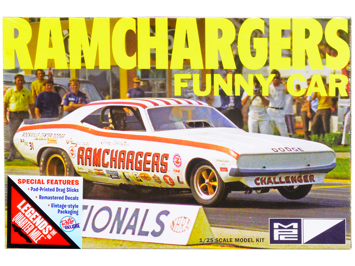 skill 2 model kit dodge challenger ramchargers funny car "legends of the quarter mile" 1/25 scale model by mpc skill 2 model kit dodge challenger ramchargers funny car "legends of the quarter mile" 1/25 scale model by mpc