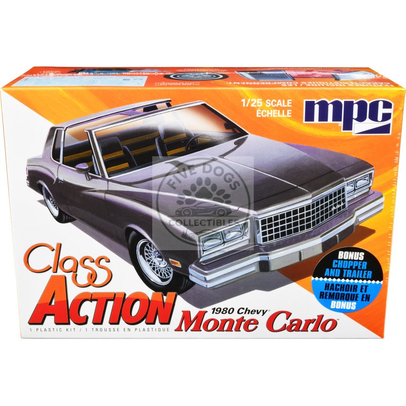 skill 2 model kit 1980 chevrolet monte carlo "class action" with motorcycle and trailer (skill 2) 1/25 scale model car by mpc