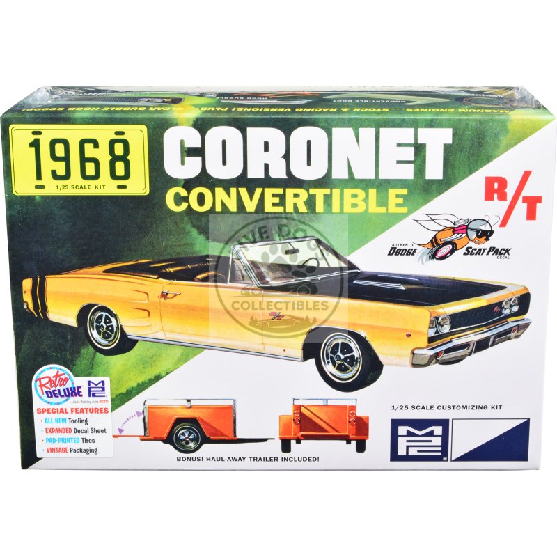 skill 2 model kit 1968 dodge coronet r/t convertible with haul away trailer 1/25 scale model by mpc