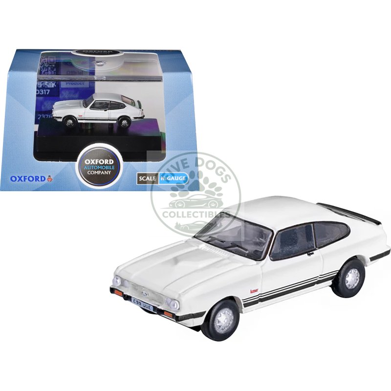 ford capri mk3 rhd (right hand drive) diamond white with black stripes 1/148 (n) scale diecast model car by oxford diecast