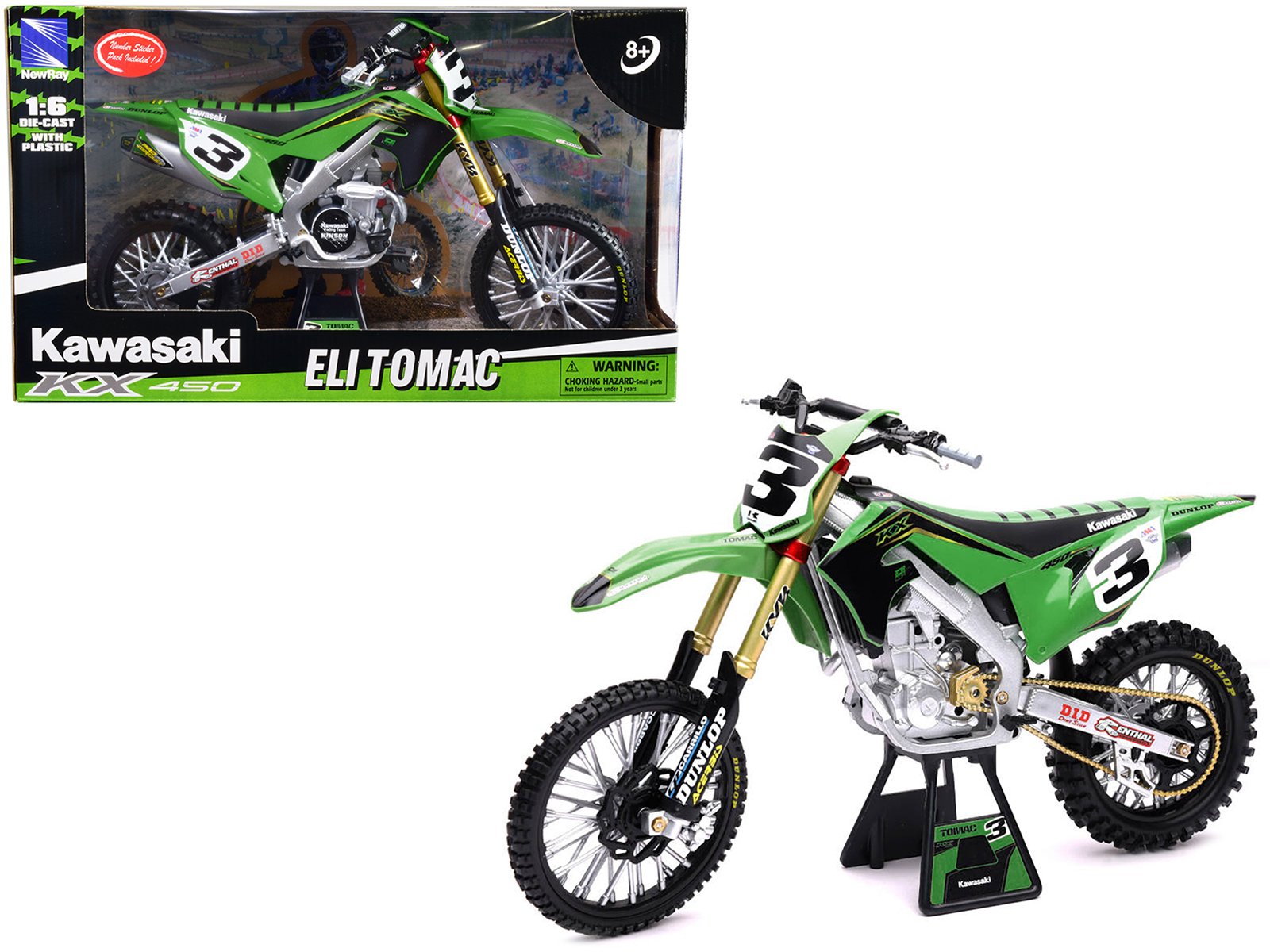 kawasaki kx 450f dirt bike motorcycle #3 eli tomac green and black "kawasaki racing team" 1/6 diecast model by new ray kawasaki kx 450f dirt bike motorcycle #3 eli tomac green and black "kawasaki racing team" 1/6 diecast model by new ray