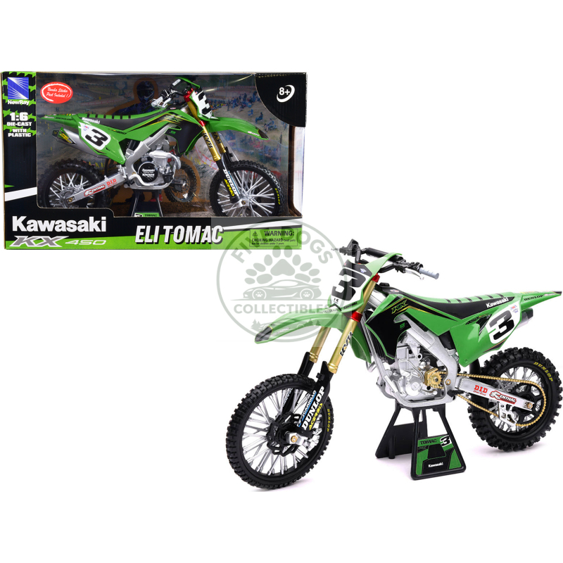 kawasaki kx 450f dirt bike motorcycle #3 eli tomac green and black "kawasaki racing team" 1/6 diecast model by new ray