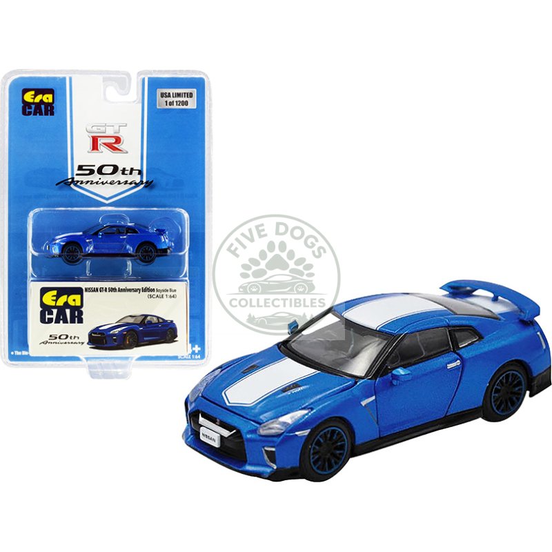 nissan gt r rhd (right hand drive) bayside blue with white stripe "50th anniversary edition" limited edition to 1200 pieces 1/64 diecast model car by era car