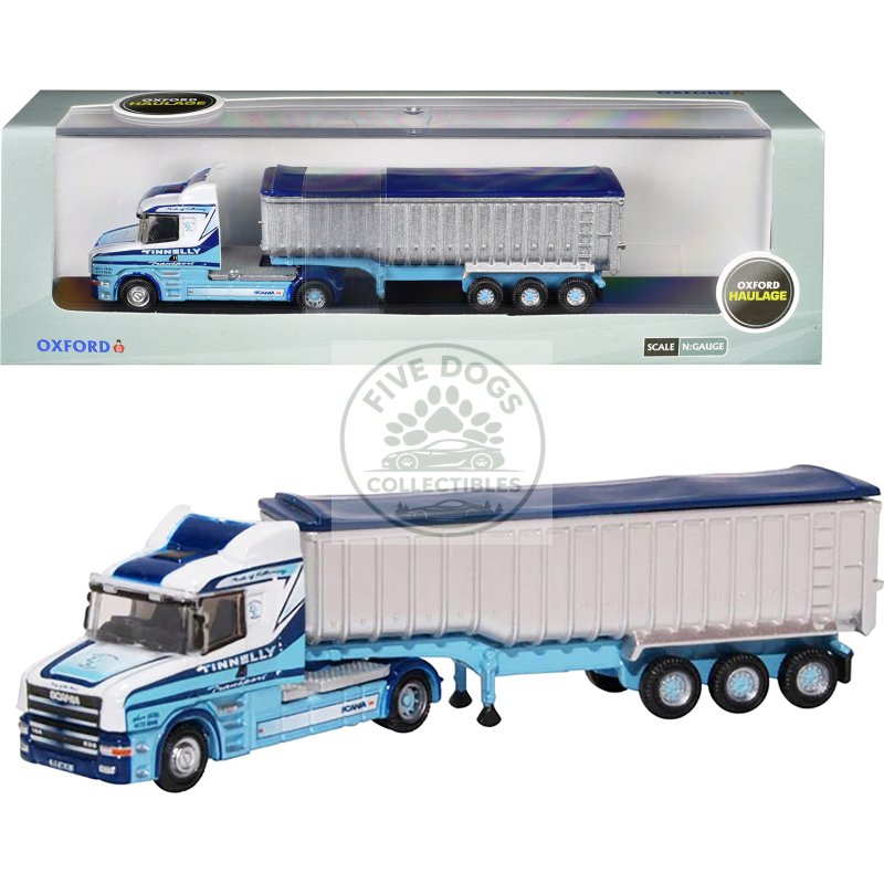scania t cab truck rhd (right hand drive) with covered dump trailer "tinnelly" white with blue graphics 1/148 (n) scale diecast model car by oxford diecast