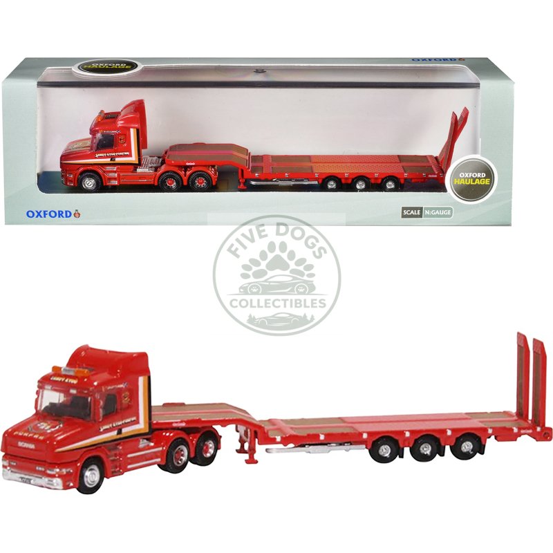 scania t cab truck rhd (right hand drive) with lowboy trailer "sandy kydd" red with stripes 1/148 (n) scale diecast model car by oxford diecast