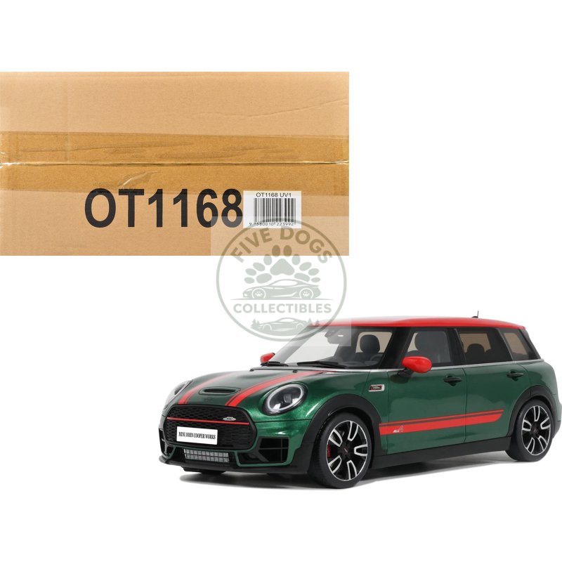 2021 mini clubman (f54) jcw british green metallic with red top and stripes limited edition to 999 pieces worldwide 1/18 model car by otto mobile