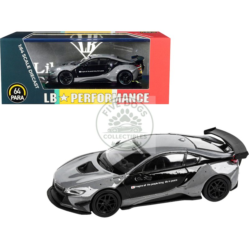 bmw i8 liberty walk gray and black "lb performance" series 1/64 diecast model car by paragon