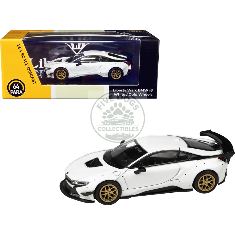 bmw i8 liberty walk white with gold wheels 1/64 diecast model car by paragon models