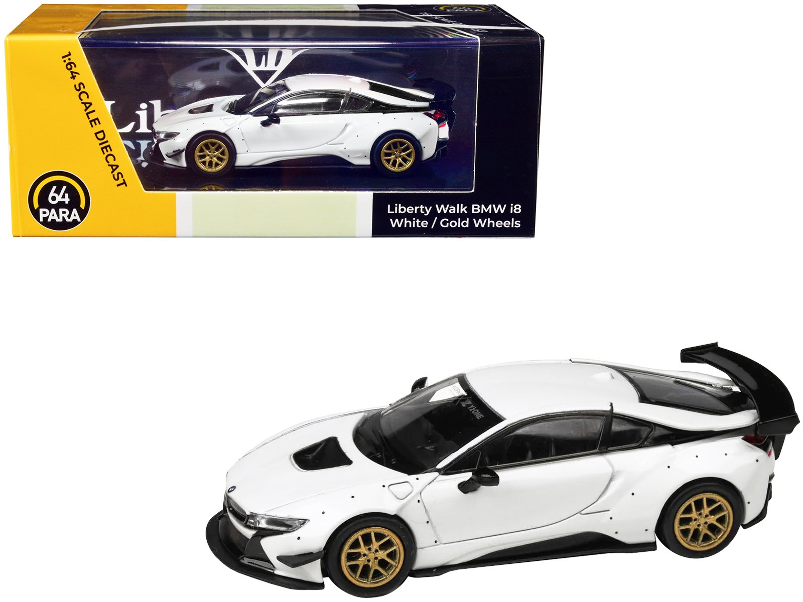 bmw i8 liberty walk white with gold wheels 1/64 diecast model car by paragon models bmw i8 liberty walk white with gold wheels 1/64 diecast model car by paragon models
