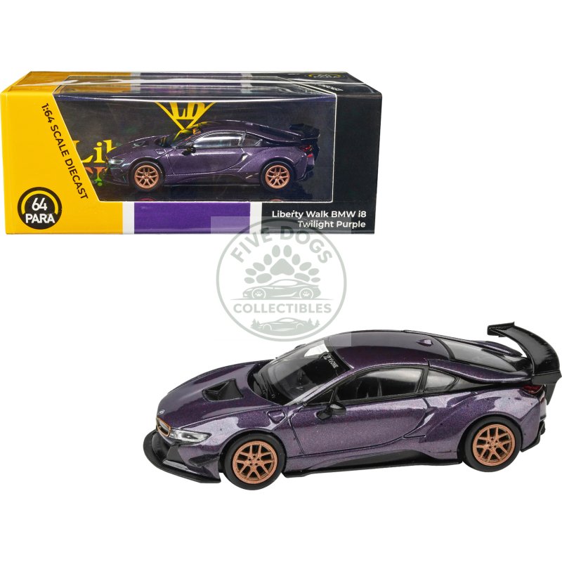 bmw i8 liberty walk twilight purple metallic with gold wheels 1/64 diecast model car by paragon models
