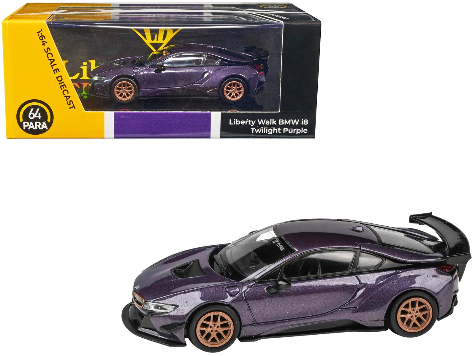 bmw i8 liberty walk twilight purple metallic with gold wheels 1/64 diecast model car by paragon models bmw i8 liberty walk twilight purple metallic with gold wheels 1/64 diecast model car by paragon models