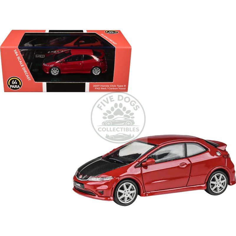 2007 honda civic type r fn2 milano red with carbon hood 1/64 diecast model car by paragon models