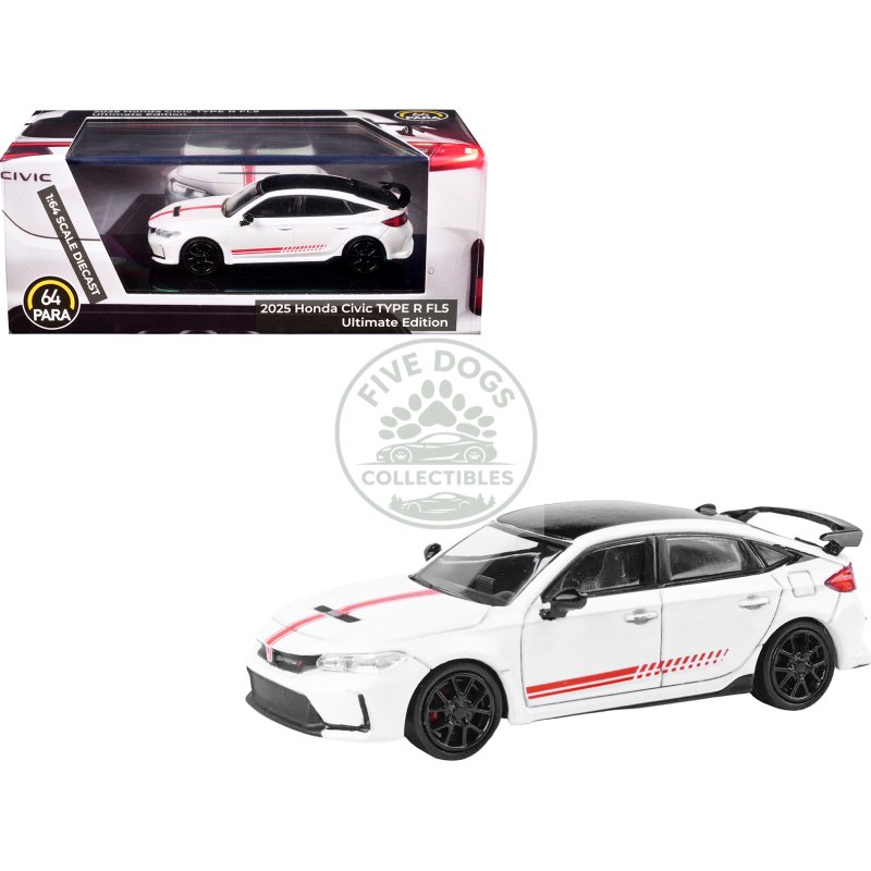 2025 honda civic type r fl5 "ultimate edition" white with red stripes and black top 1/64 diecast model car by paragon