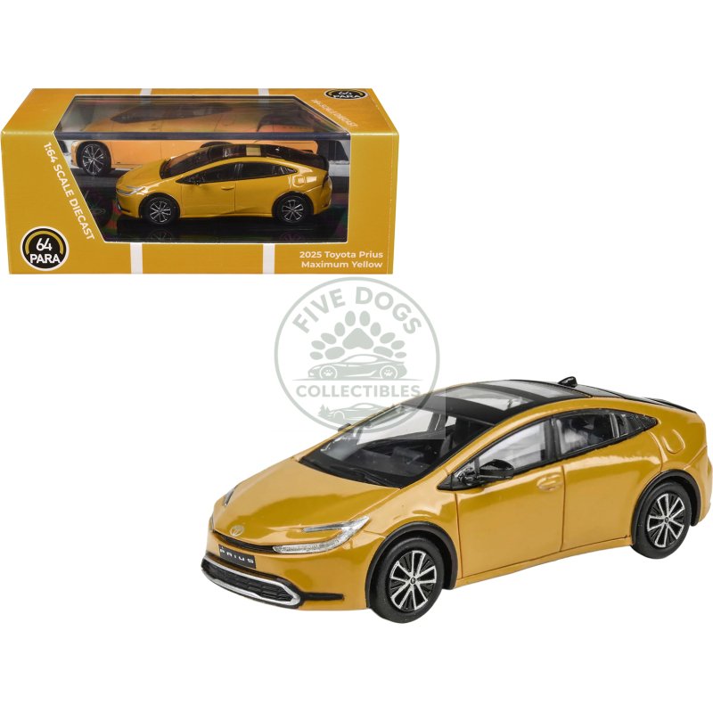 2023 toyota prius maximum yellow with black top and sun roof 1/64 diecast model car by paragon models