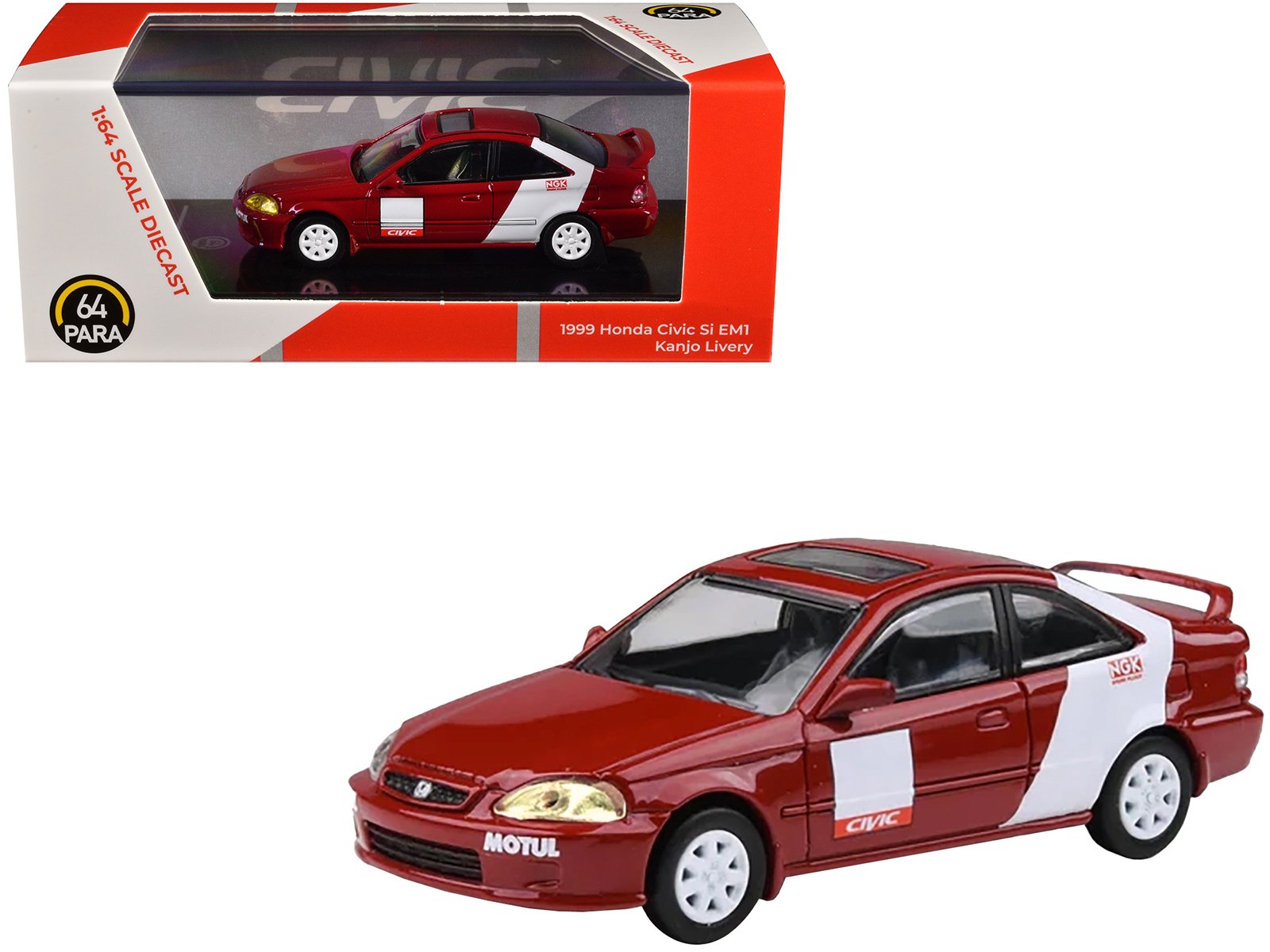 1999 honda civic si em1 "kanjo livery" red with white stripes 1/64 diecast model car by paragon models 1999 honda civic si em1 "kanjo livery" red with white stripes 1/64 diecast model car by paragon models