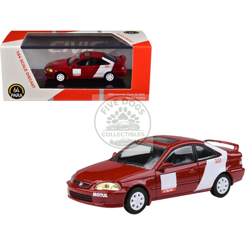 1999 honda civic si em1 "kanjo livery" red with white stripes 1/64 diecast model car by paragon models