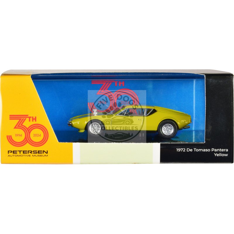 1972 de tomaso pantera yellow "petersen automotive museum 30th anniversary" 1/64 diecast model car by paragon models
