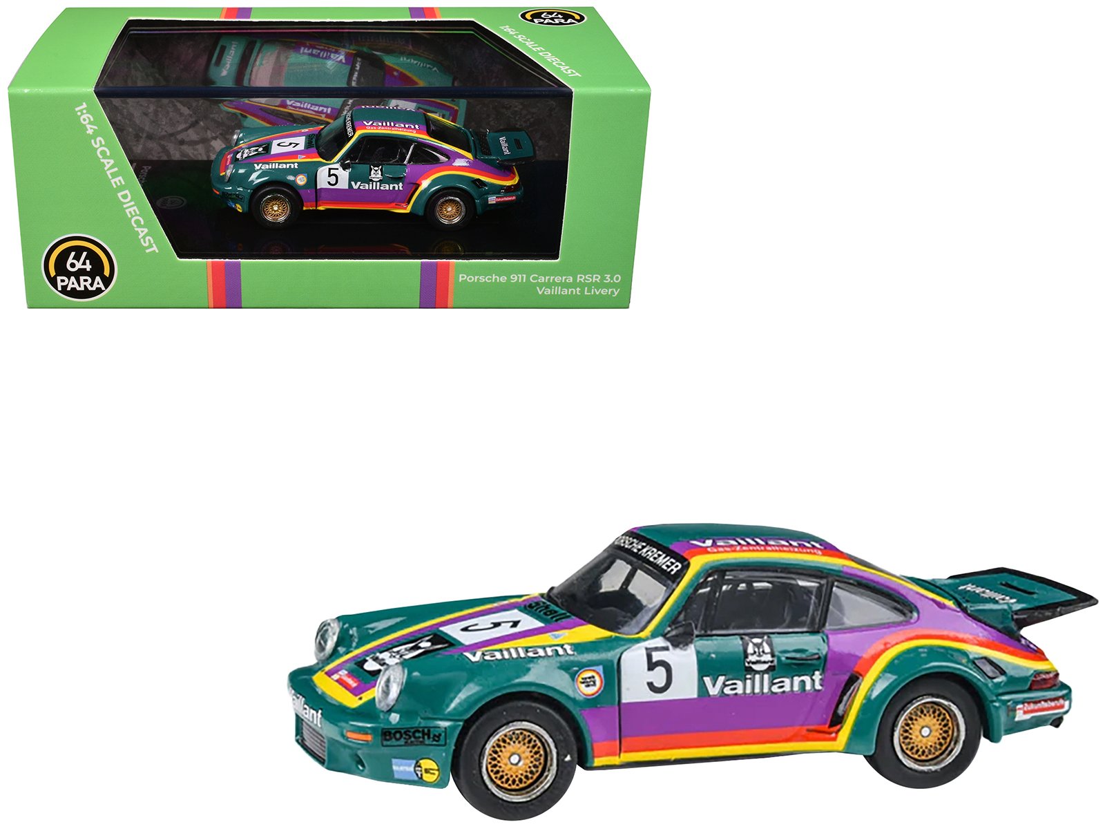 1975 porsche 911 carrera rsr 3.0 #5 "kremer racing vaillant" green with stripes 1/64 diecast model car by paragon models 1975 porsche 911 carrera rsr 3.0 #5 "kremer racing vaillant" green with stripes 1/64 diecast model car by paragon models