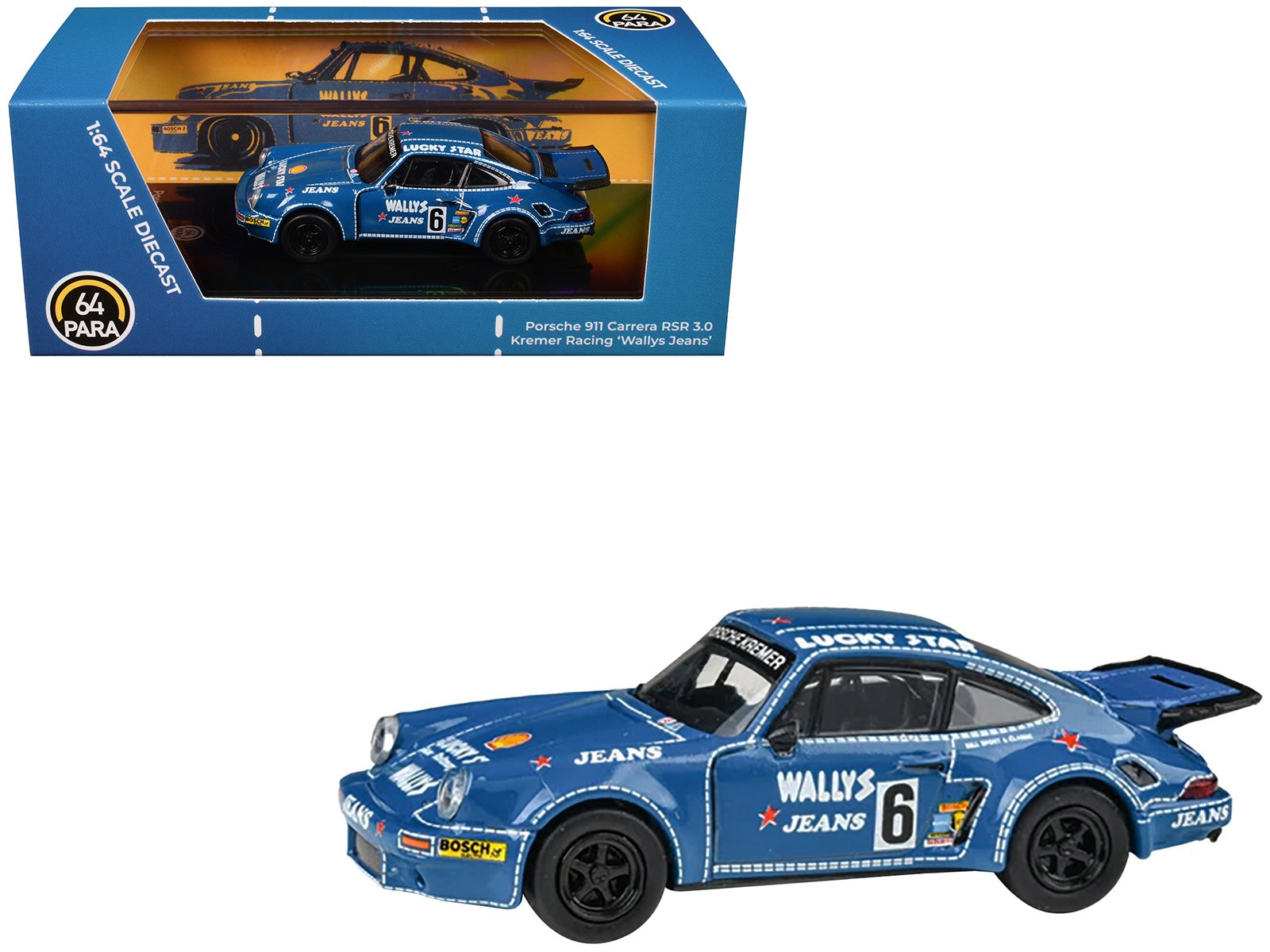 1975 porsche 911 carrera rsr 3.0 #6 "kremer racing wallys jeans" blue 1/64 diecast model car by paragon models 1975 porsche 911 carrera rsr 3.0 #6 "kremer racing wallys jeans" blue 1/64 diecast model car by paragon models