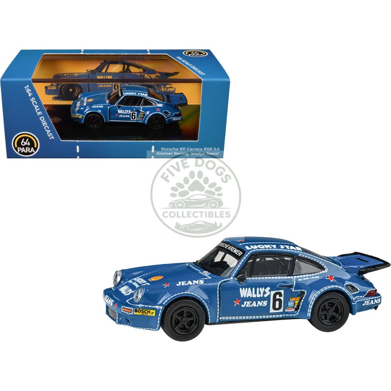 1975 porsche 911 carrera rsr 3.0 #6 "kremer racing wallys jeans" blue 1/64 diecast model car by paragon models