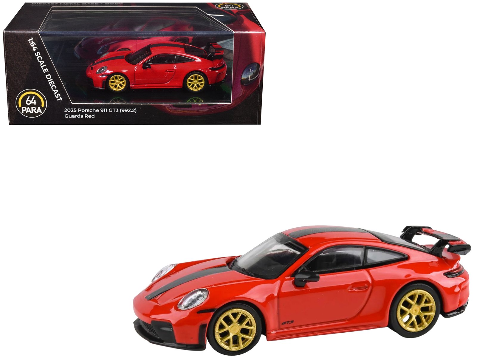 2025 porsche 911 gt3 (992.2) guards red with carbon stripe and gold wheels 1/64 diecast model car by paragon models 2025 porsche 911 gt3 (992.2) guards red with carbon stripe and gold wheels 1/64 diecast model car by paragon models