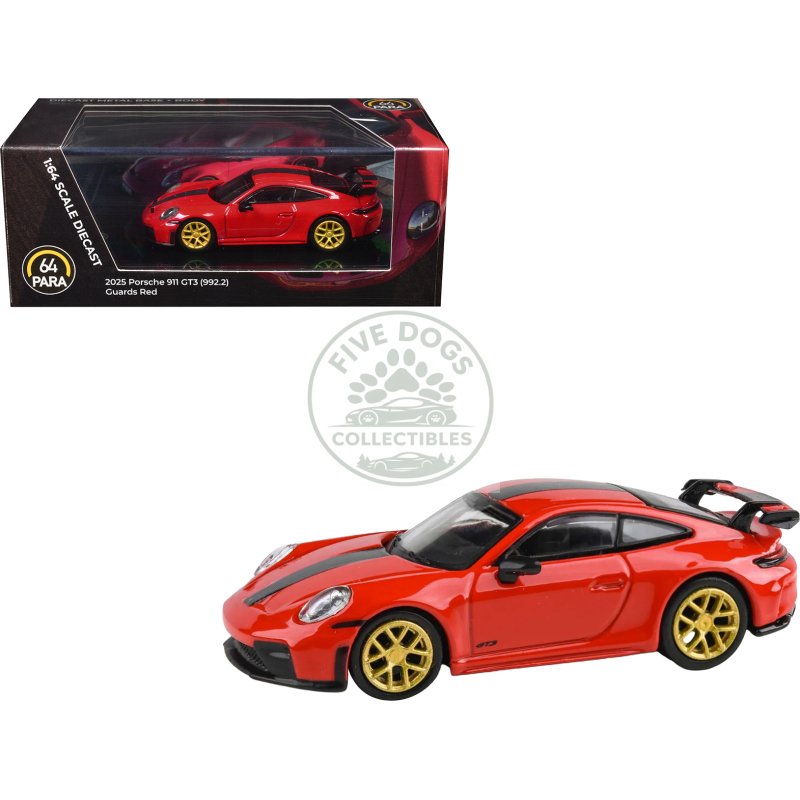 2025 porsche 911 gt3 (992.2) guards red with carbon stripe and gold wheels 1/64 diecast model car by paragon models