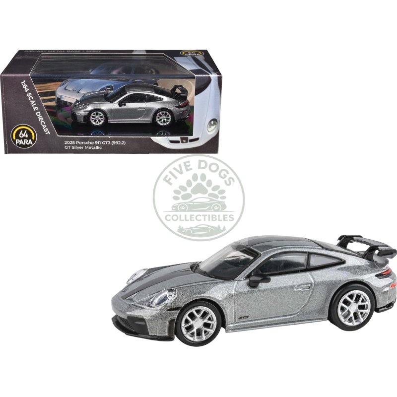 2025 porsche 911 gt3 (992.2) gt silver metallic with carbon stripe 1/64 diecast model car by paragon models
